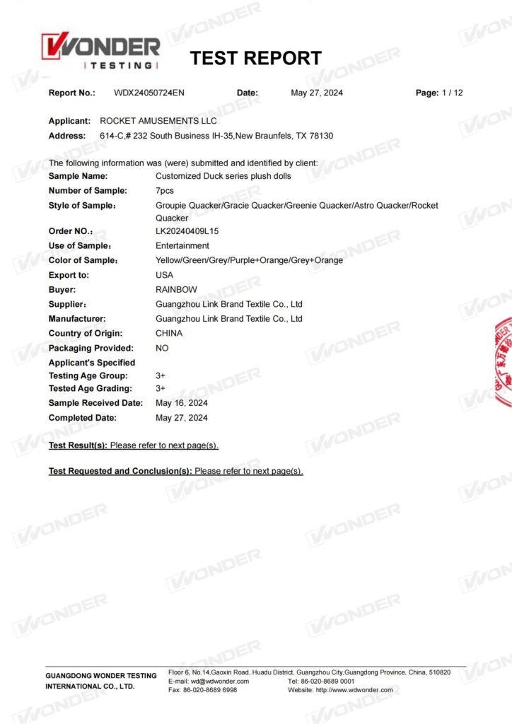 毛绒鸭子WDX24050724EN-ROCKET AMUSEMENTS LLC-F963-23 机械物理+燃烧+铅+重金属+CPSIA 标签+铅+邻苯-0527+.n_01