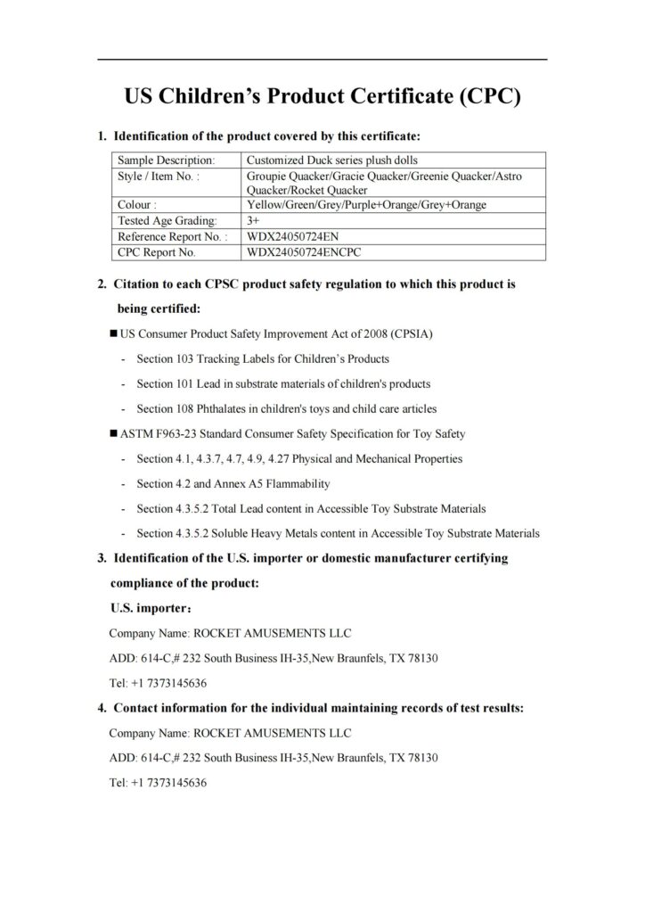 毛绒鸭子WDX24050724EN-US CPC证书-ASTM F963-23 机械物理性能+燃烧性能+总铅+重金属+CPSIA-_00